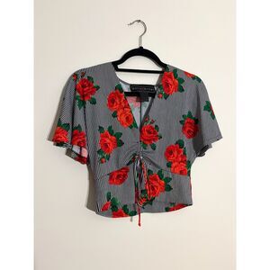Polly & Esther Floral Crop Top Black White Stripe Red Roses Tie Front